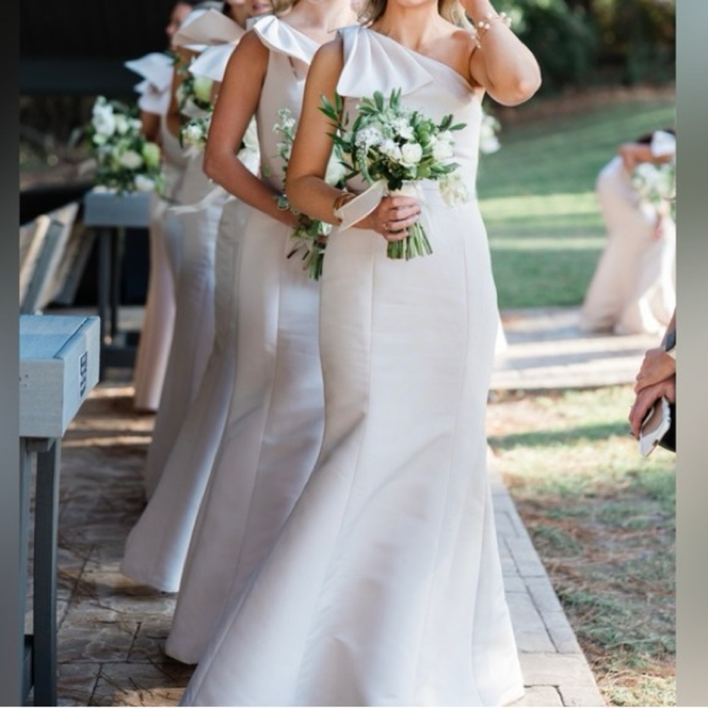 Amsale Sierra GB199 Champagne One-Shoulder Cream Gown Bridesmaid Dress Sz 12 NEW - Picture 7 of 16